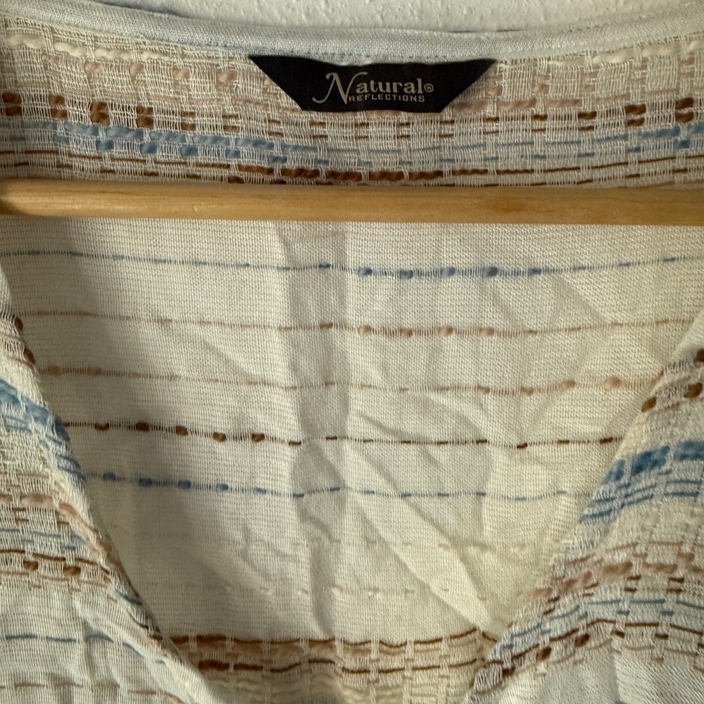Chic Striped V-Neck Blouse - White, Blue, Tan - Picture 4 of 10